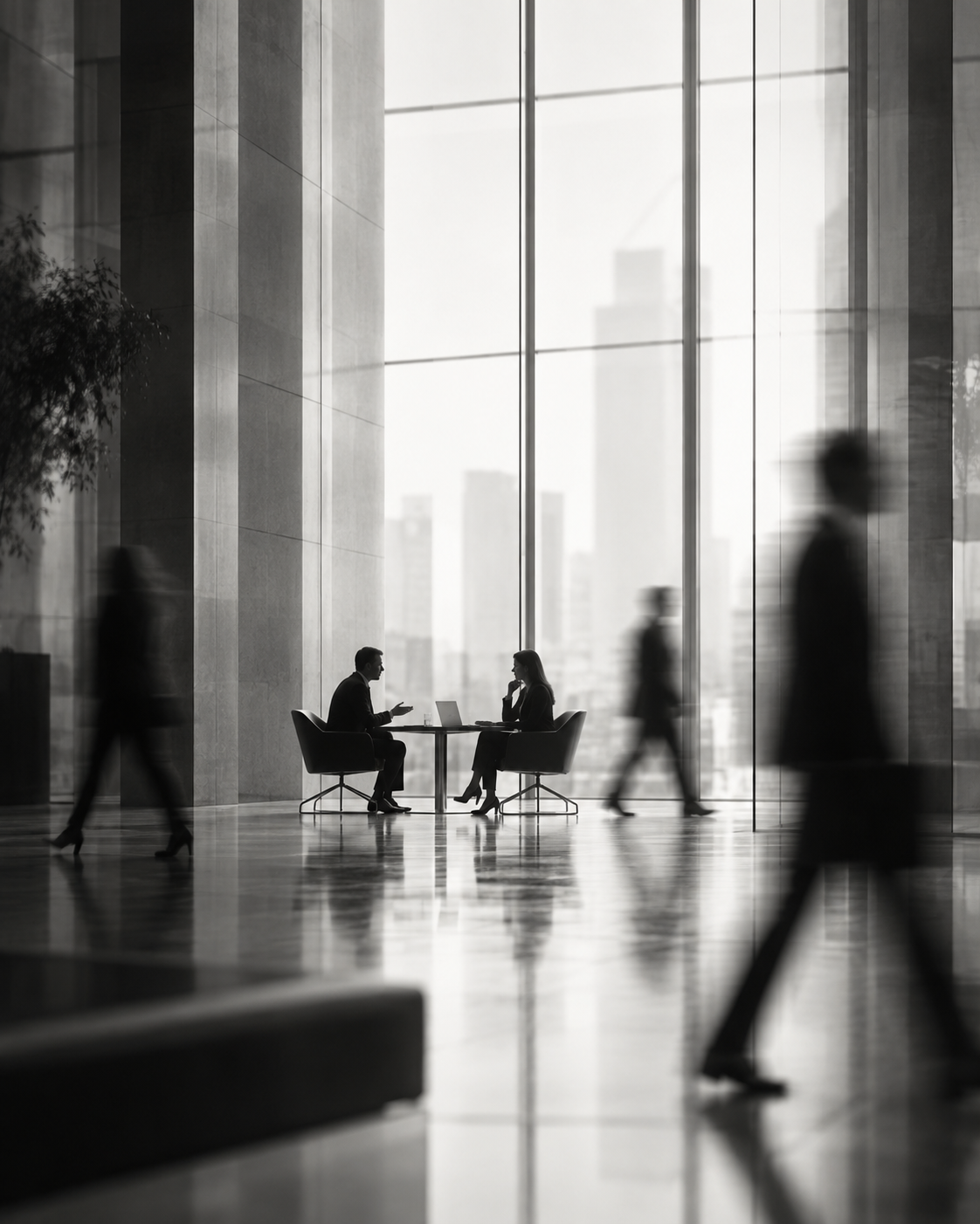 People meeting in a light-filled office lobby